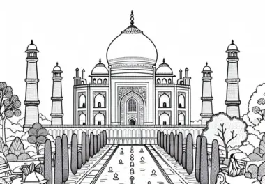 Taj Mahal in Indien mit Gartenanlage – Malvorlage aus Asien kostenlos