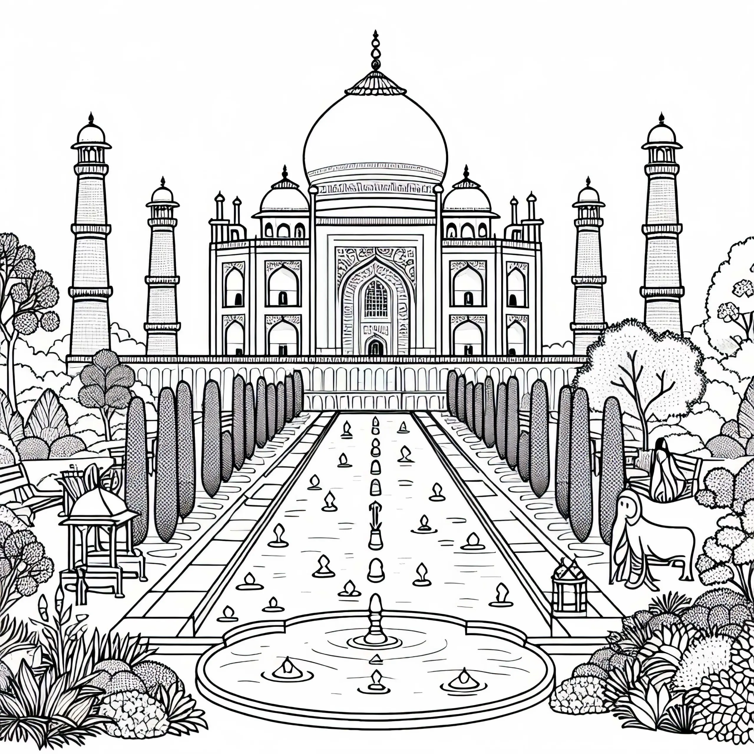 Taj Mahal in Indien mit Gartenanlage – Malvorlage aus Asien kostenlos (Ausmalbild)