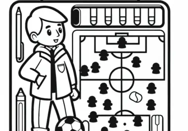 Taktiktafel eines Fußballtrainers mit Magneten für Spielzüge – Ausmalbild gratis