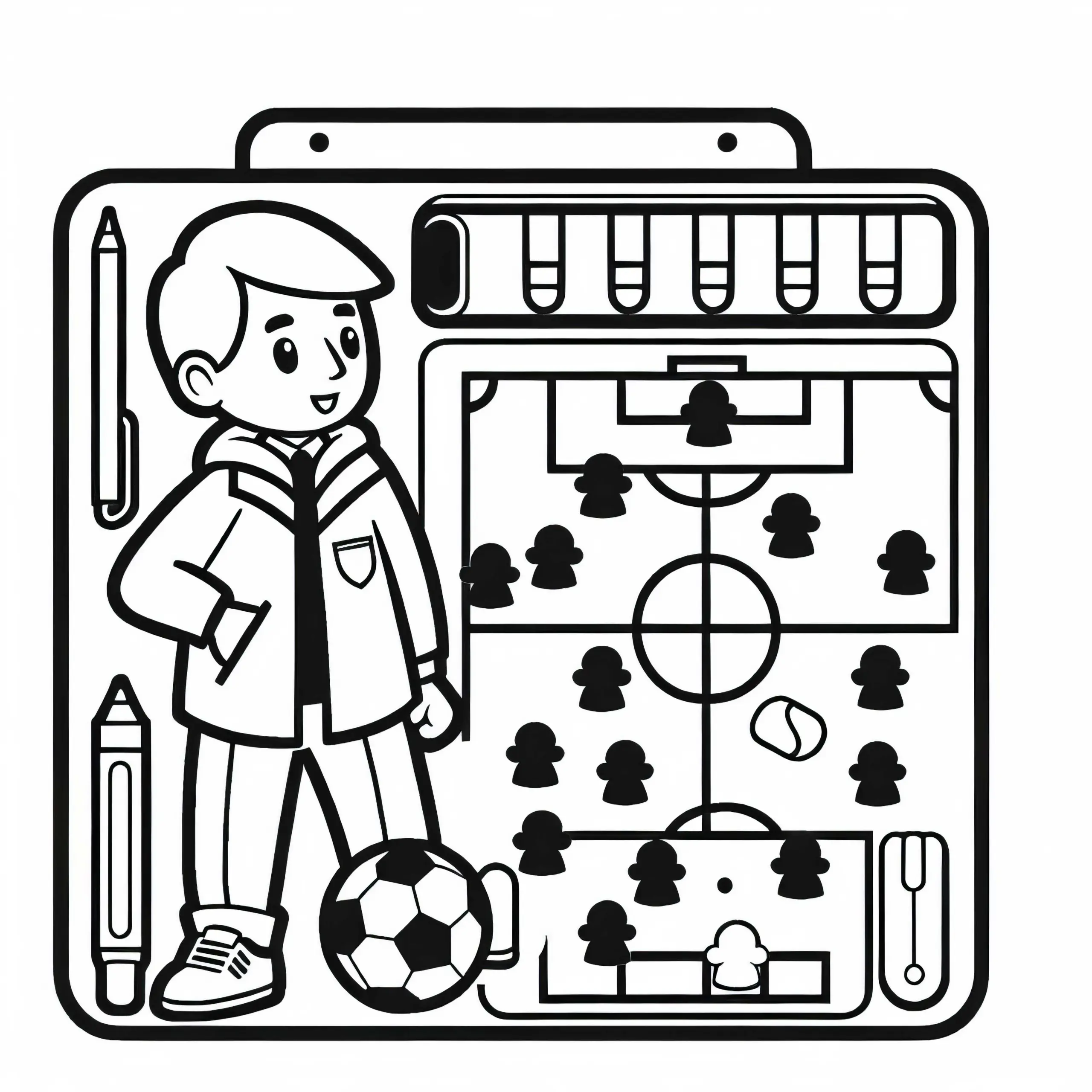 Taktiktafel eines Fußballtrainers mit Magneten für Spielzüge – Ausmalbild gratis