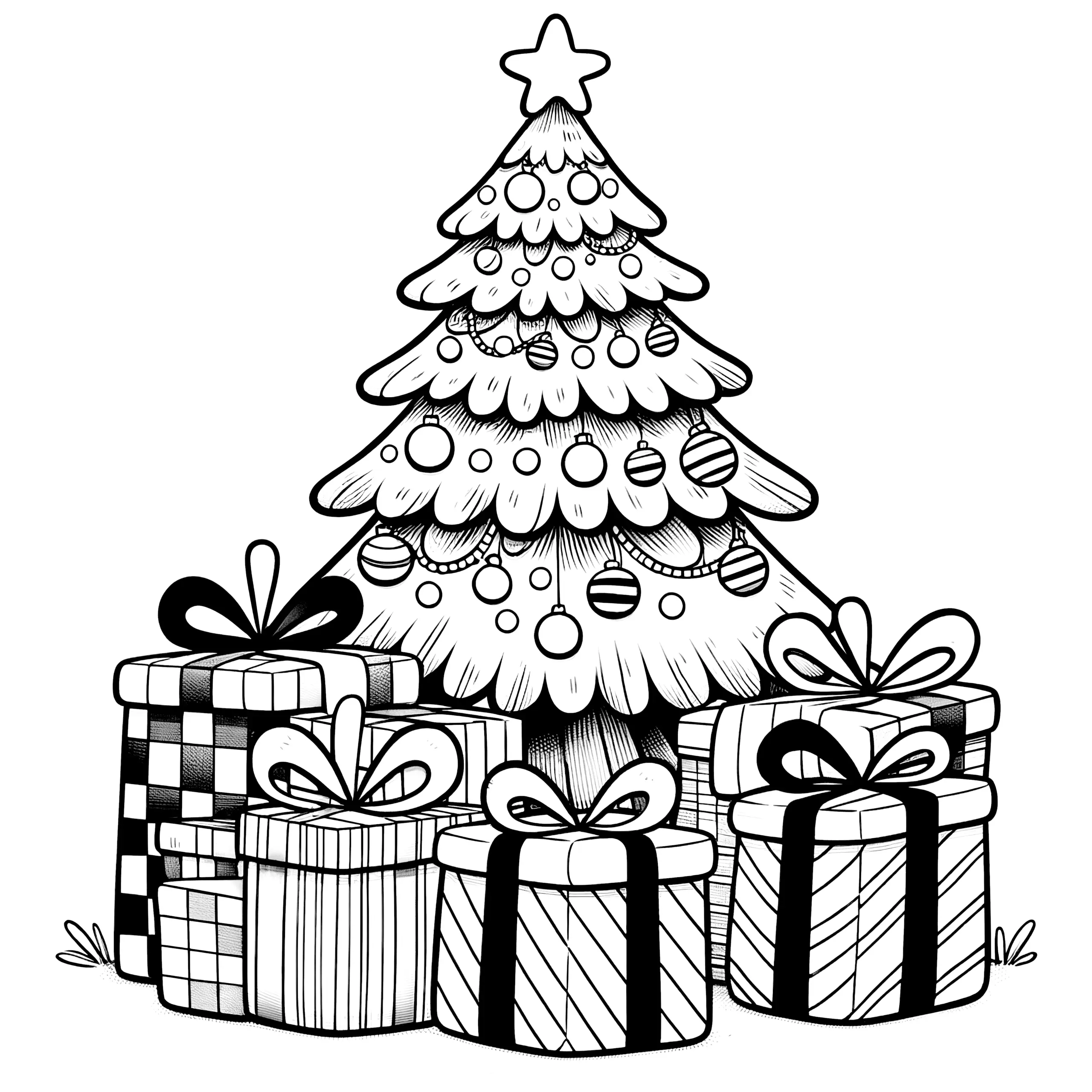 Festlicher Tannenbaum mit Geschenken: Ausmalbild