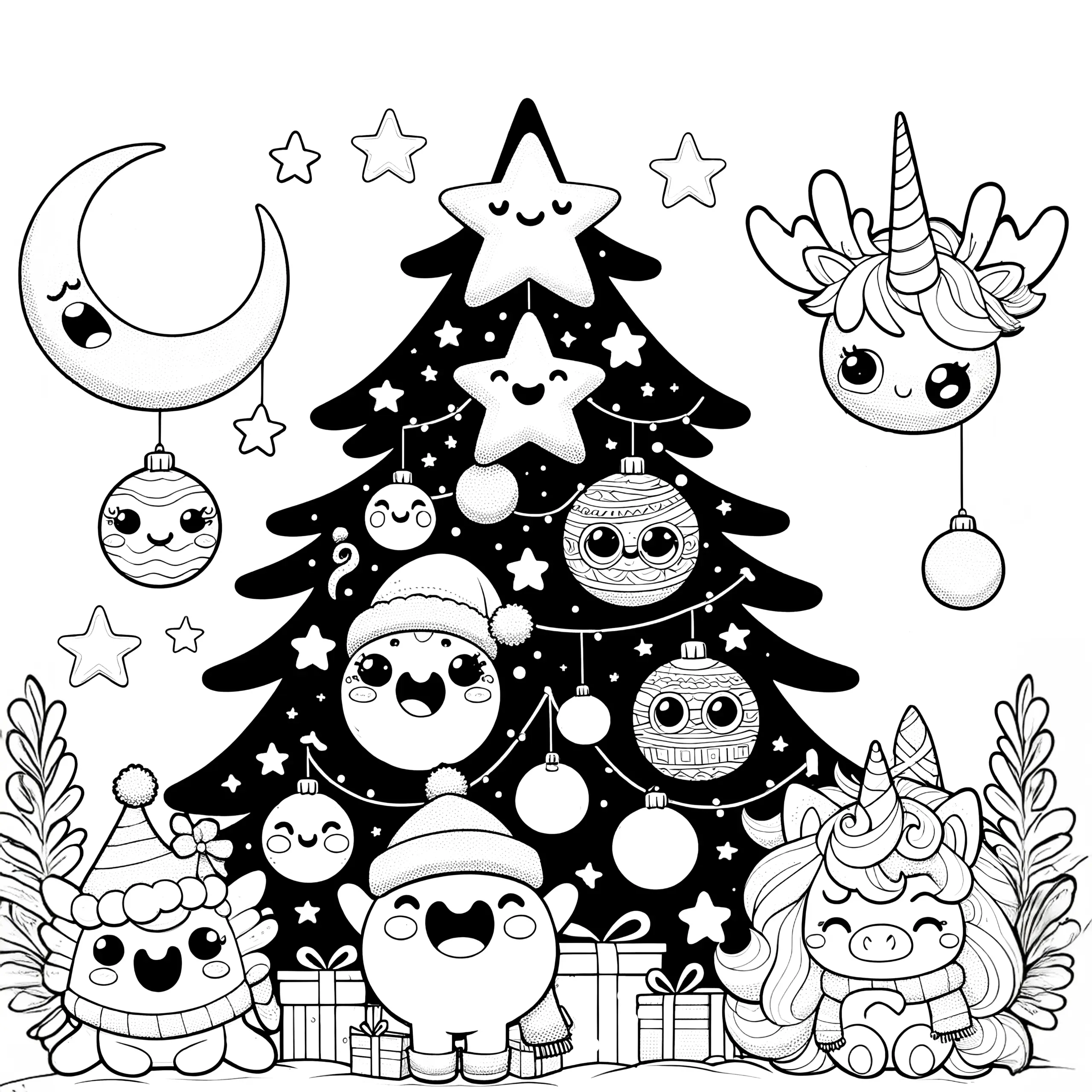 Weihnachtlicher Tannenbaum mit Tieren zum Ausmalen (Ausmalbild)