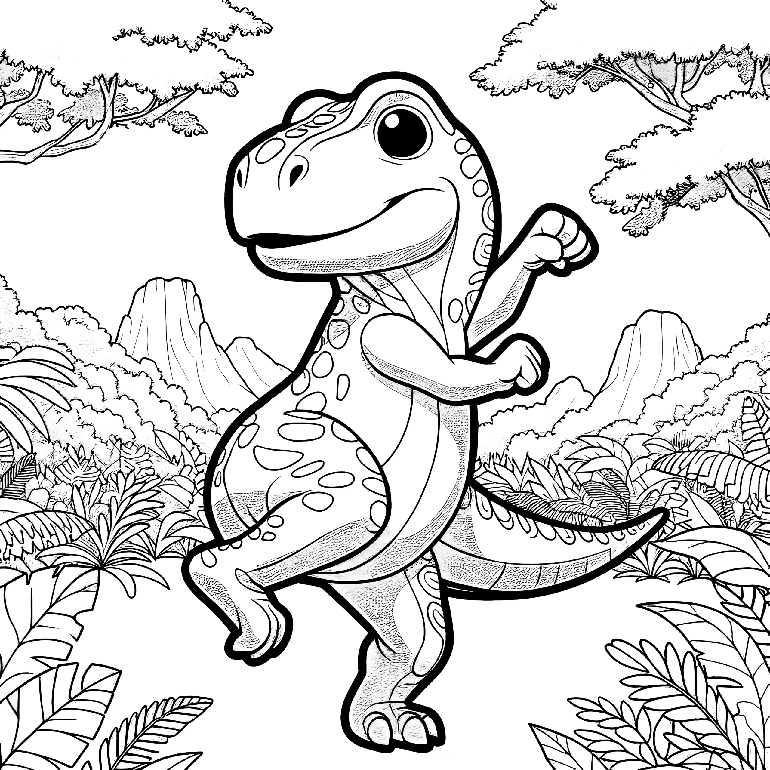 Tanzender Dinosaurier im Dschungel (Ausmalbild)