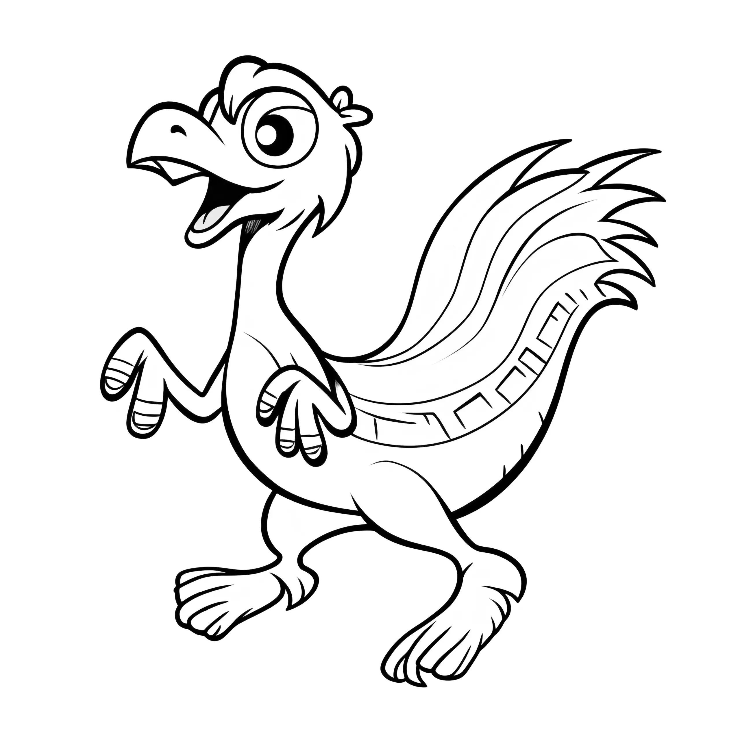 Ohne Hintergrund: Tanzender Dinosaurier mit Federn (Ausmalbild)