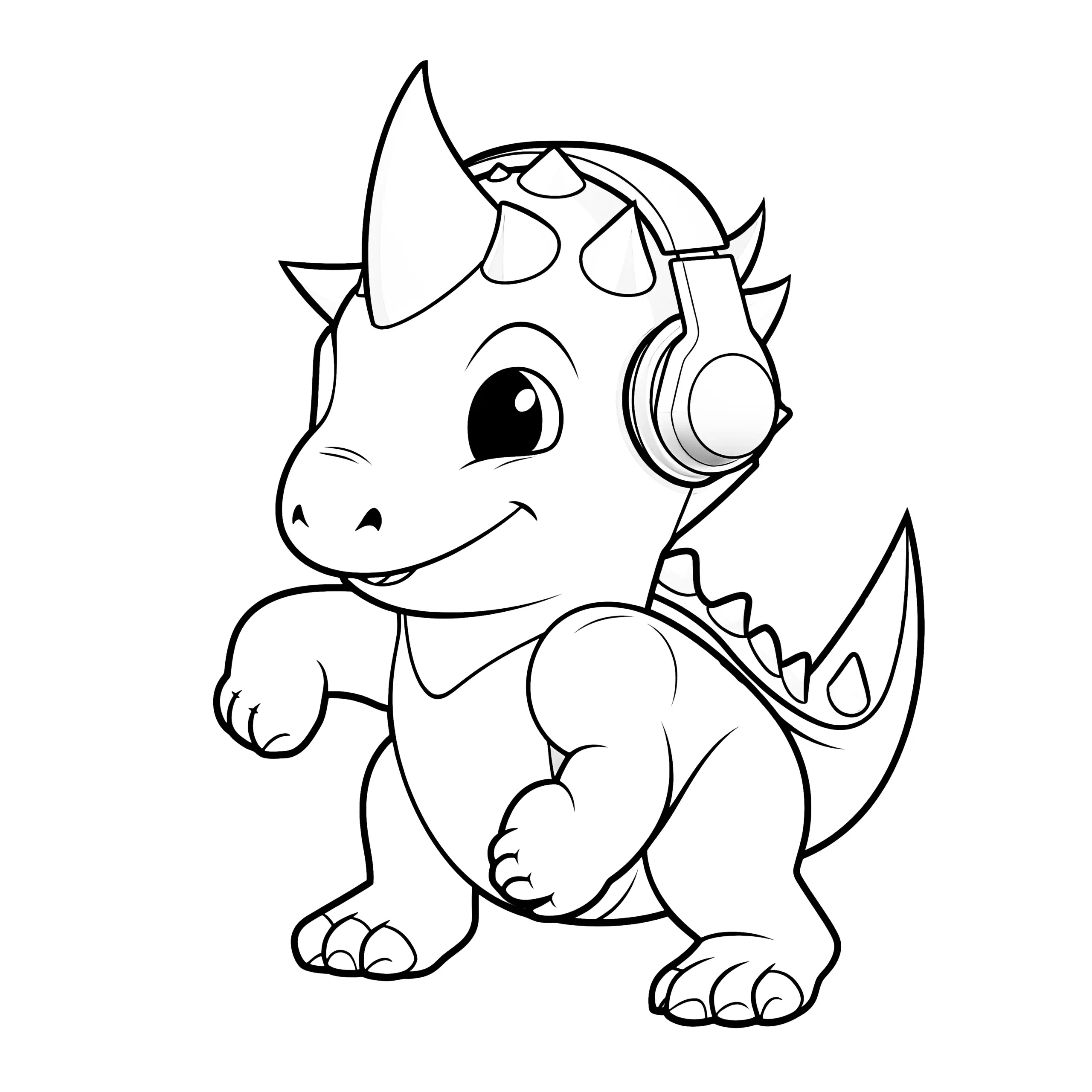 Ausmalbild gratis: Tanzender Dinosaurier mit Kopfhörer