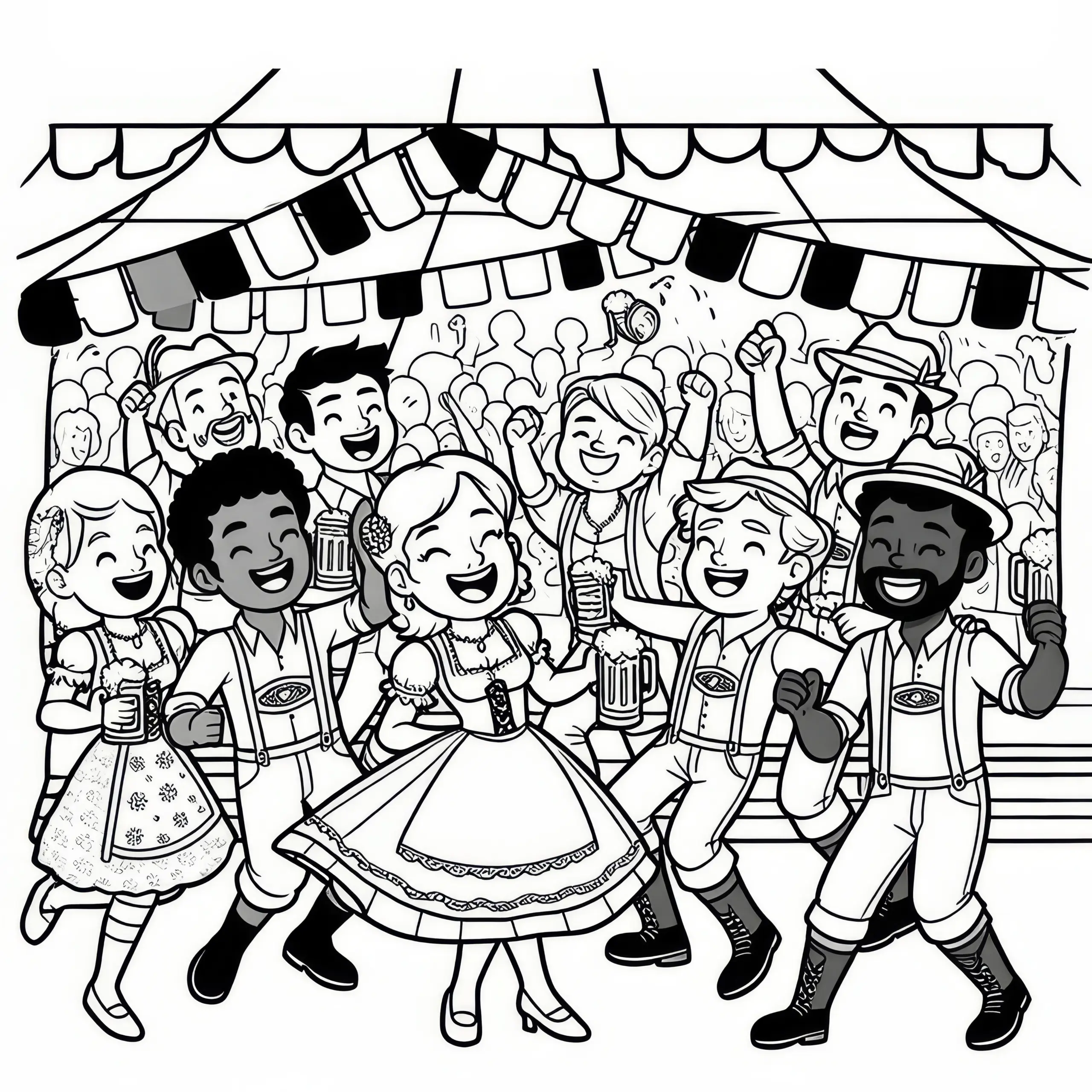 Tanzende Menschen im Bierzelt auf dem Oktoberfest als Ausmalbild (Gratis)