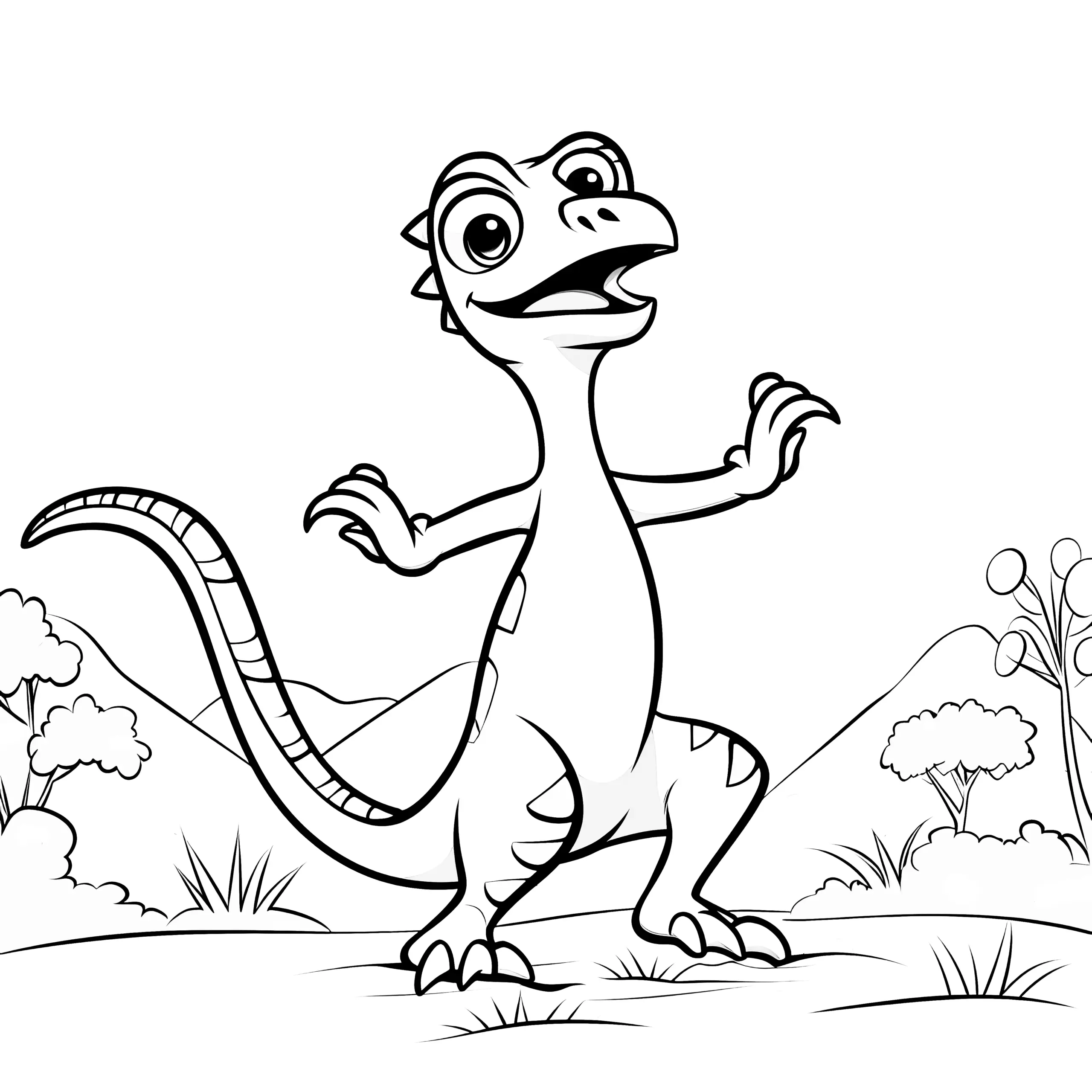 Tanzender Dinosaurier in einer Naturlandschaft (Malvorlage) (Ausmalbild)