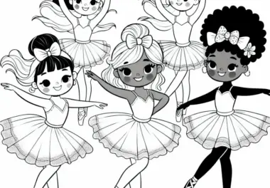 Tanzszene mit Tutu und Schleife – Malvorlage für Mädchen ab sechs kostenlos