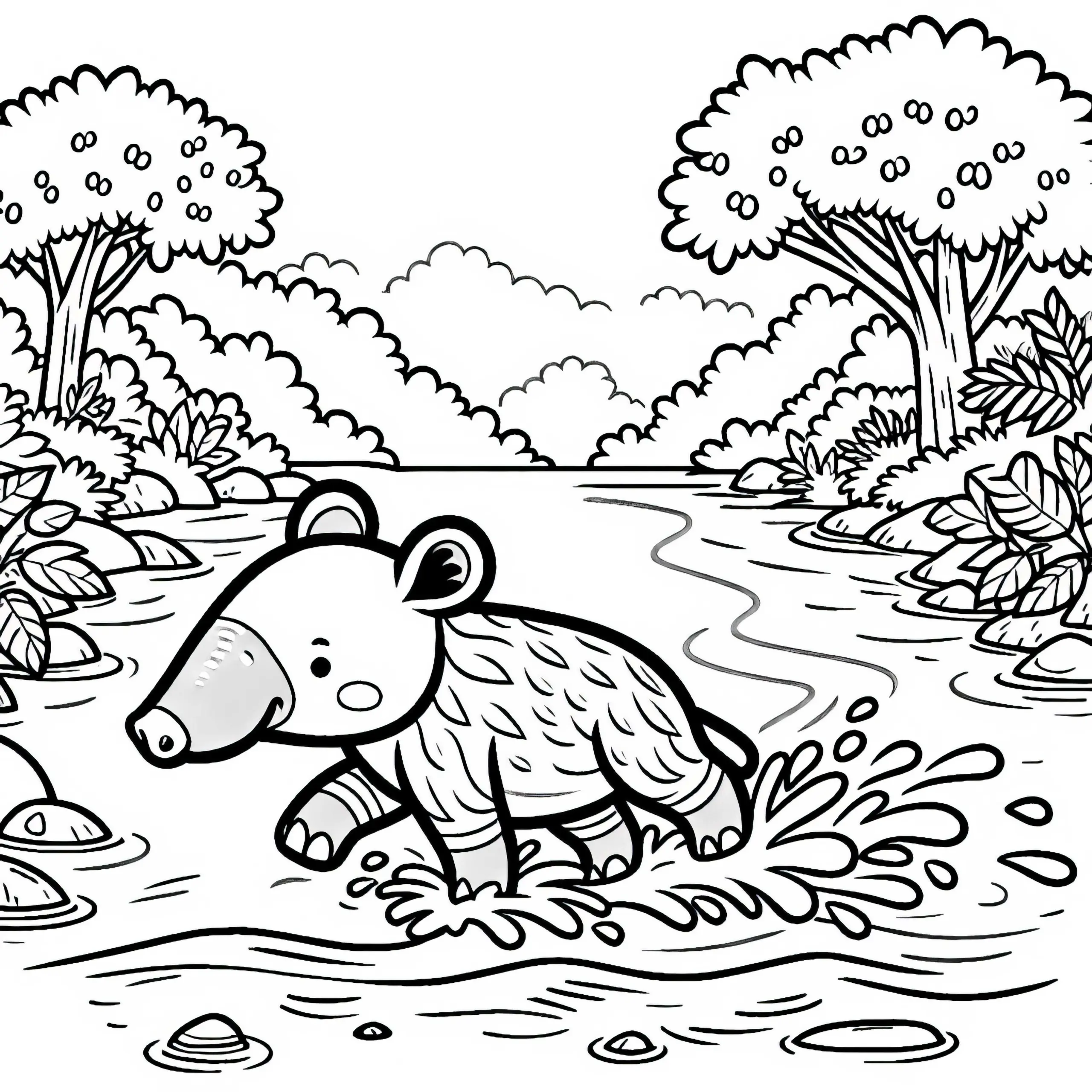 Ein Tapir durchquert einen flachen Dschungelfluss – Ausmalbild kostenlos
