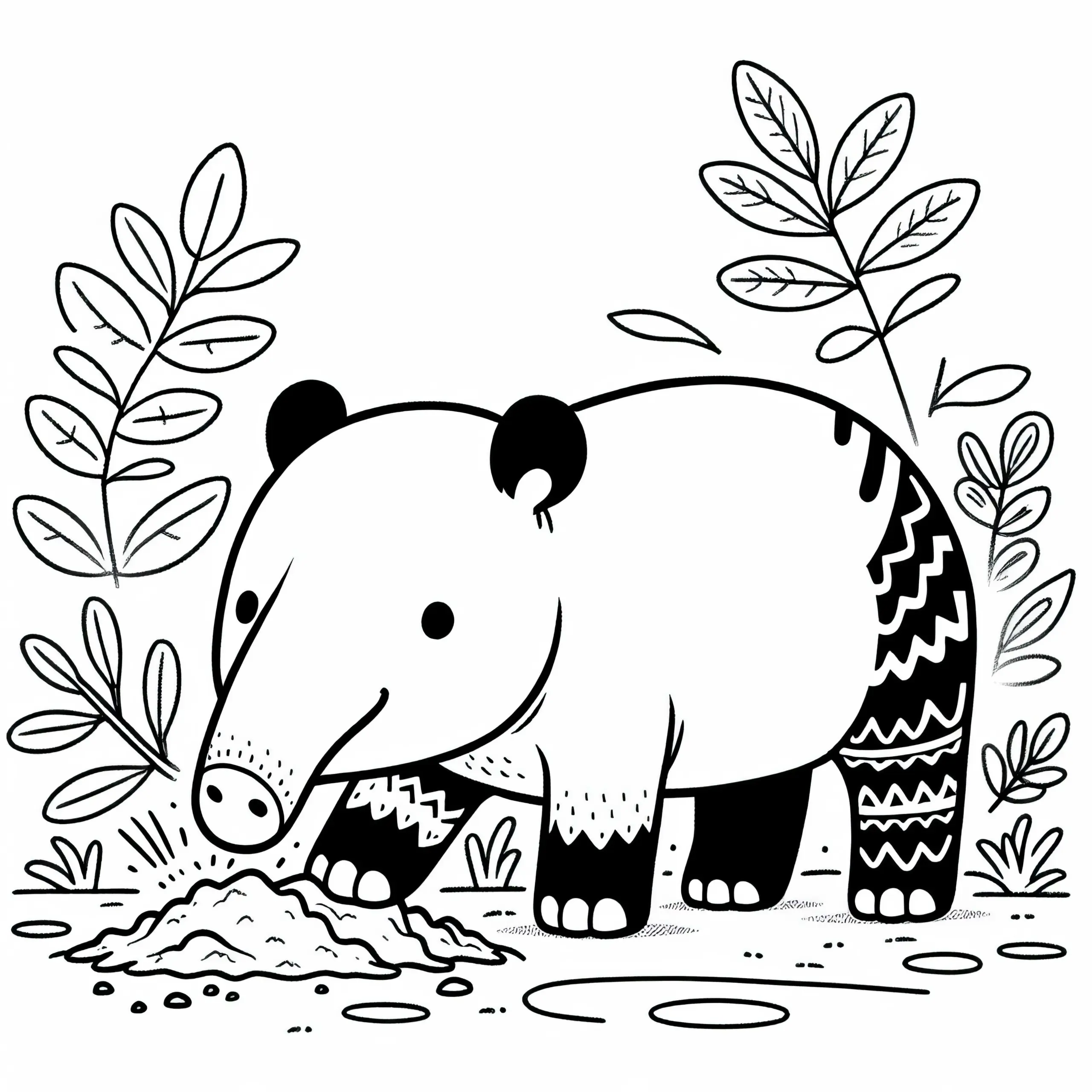 Tapir gräbt mit Schnauze nach Wurzeln im Boden – Ausmalbild kostenlos