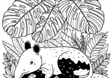 Tapir ruht sich im Schatten großer Blätter – Malvorlage gratis