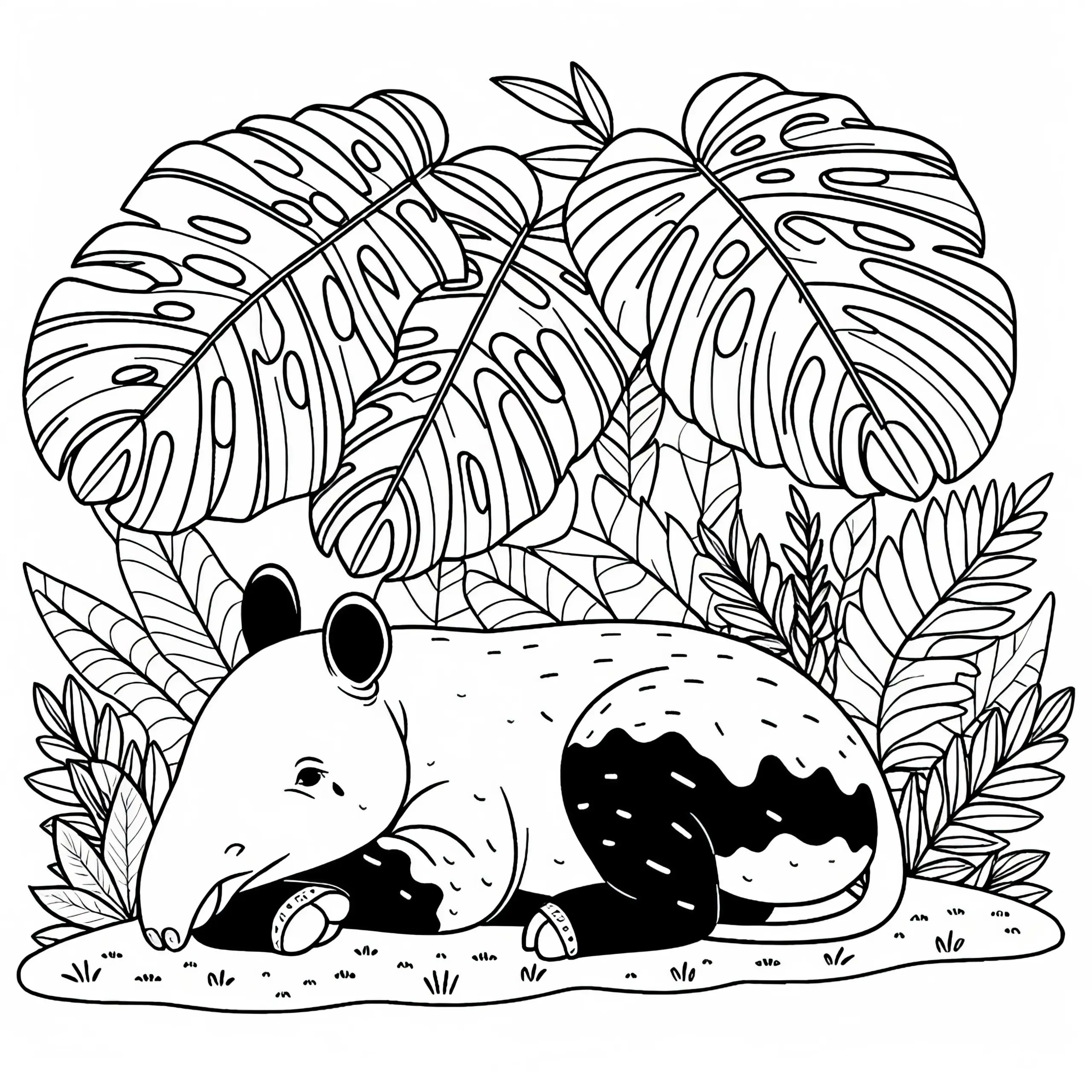 Tapir ruht sich im Schatten großer Blätter – Malvorlage gratis (Ausmalbild)