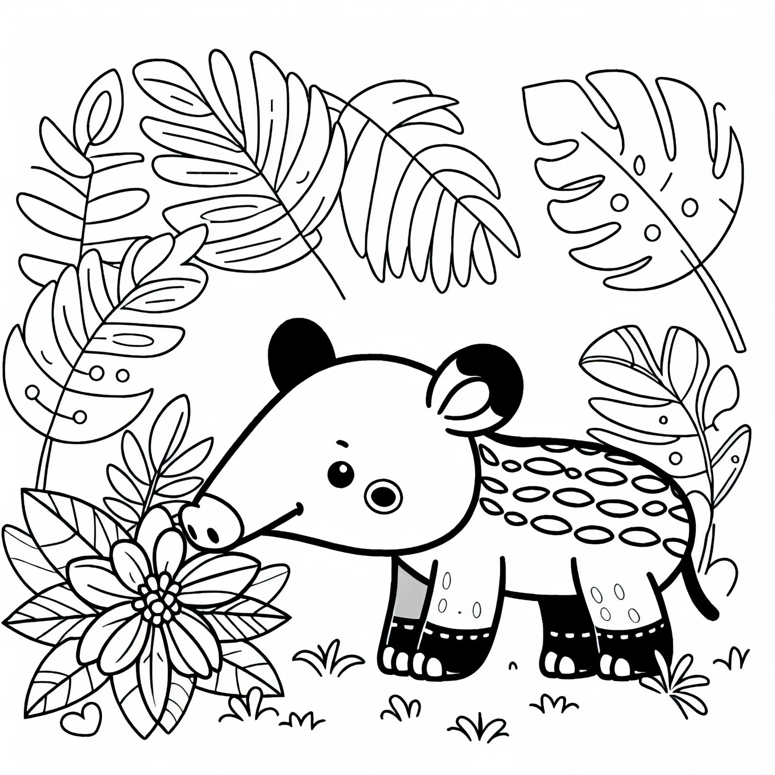Neugieriger Tapir schnüffelt an Blüte – Ausmalbild gratis