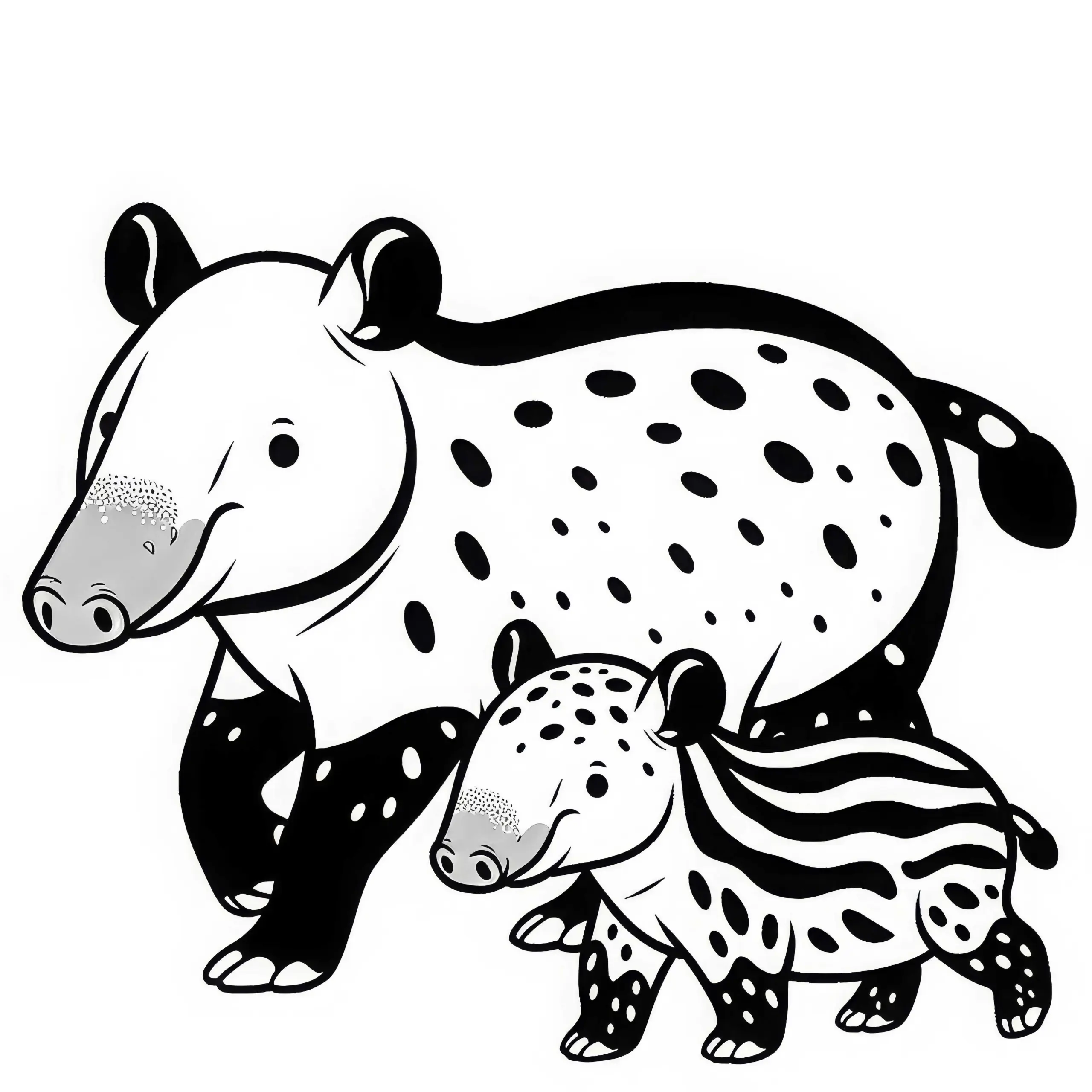 Tapirbaby läuft neben seiner Mutter – Malvorlage gratis (Ausmalbild)