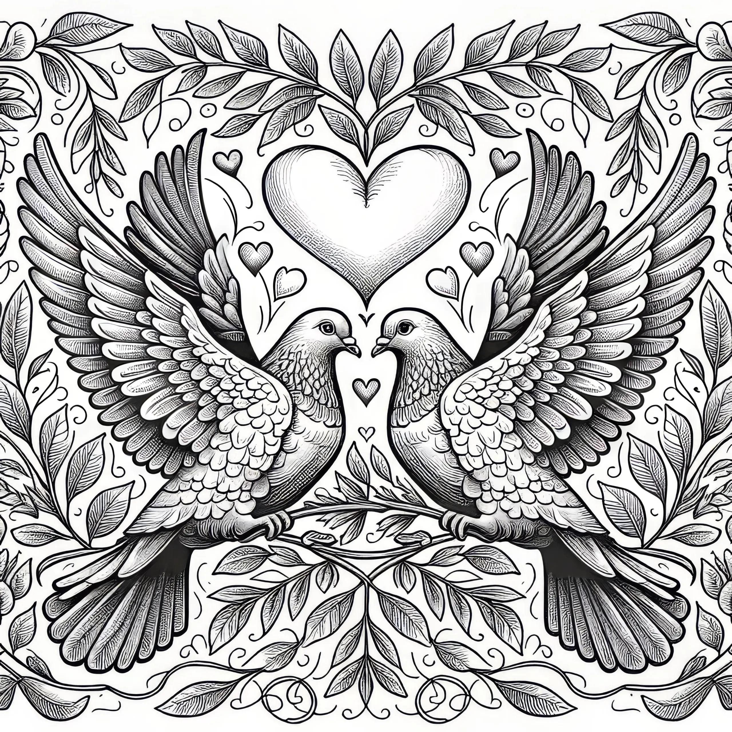 Tauben als Zeichen der Liebe: Valentinstag Malvorlage kostenlos herunterladen (Ausmalbild)