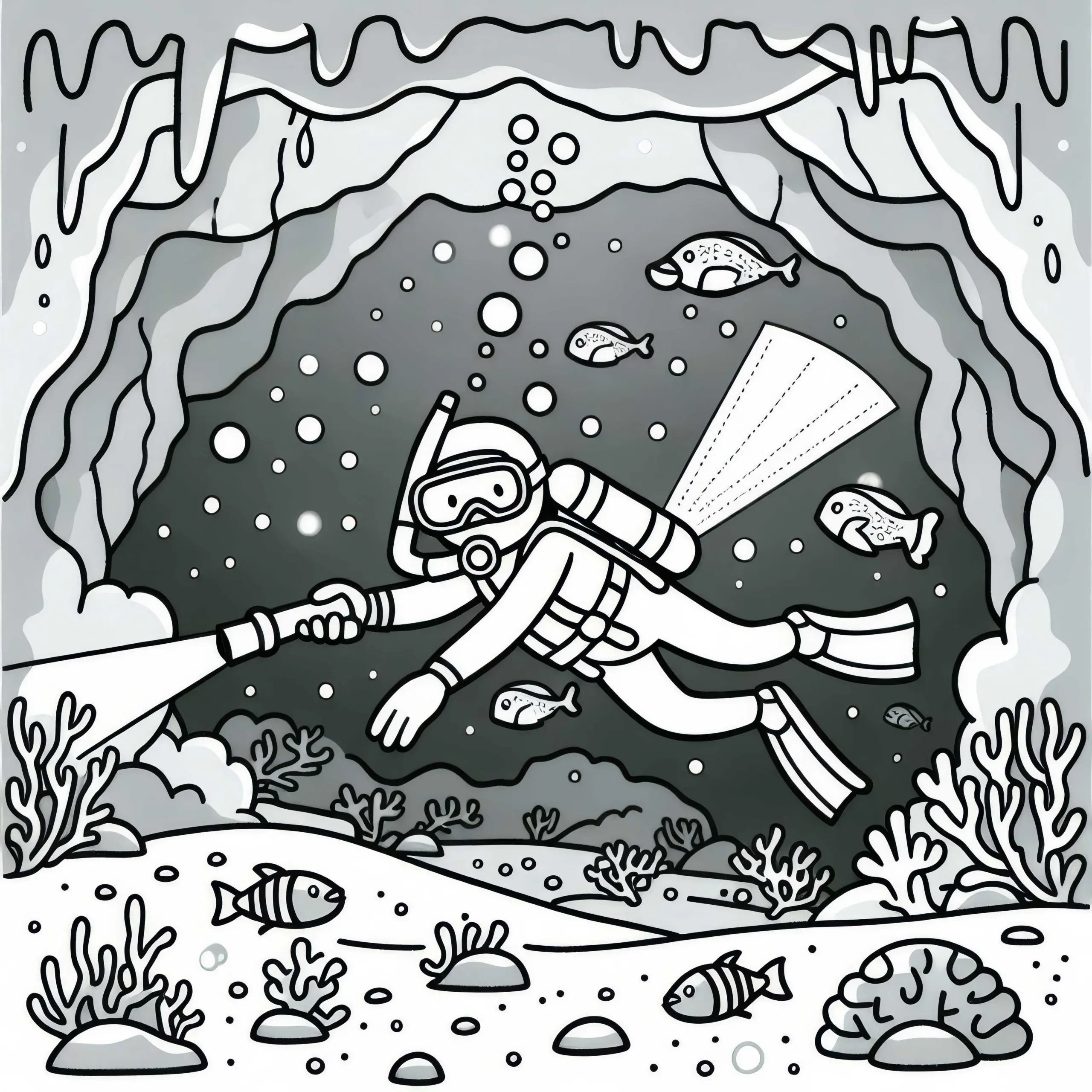 Taucher erkunden beim Schnorcheln in einer Unterwasserhöhle mit Taschenlampe – Ausmalbild gratis