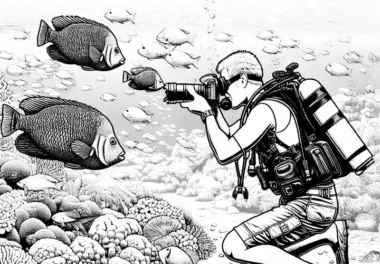 Taucher fotografiert Fische unter Wasser – Ausmalbild detailreich gratis