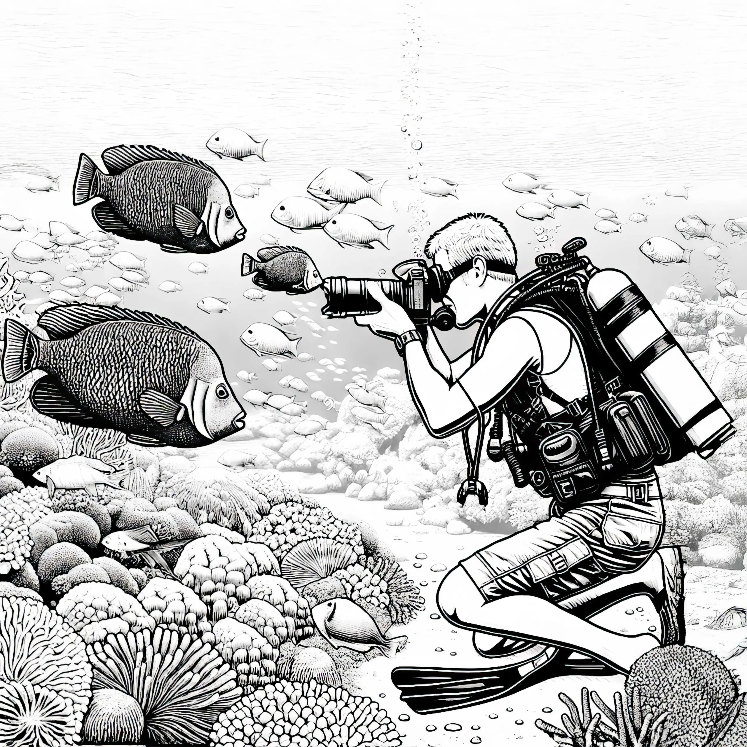 Taucher fotografiert Fische unter Wasser – Ausmalbild detailreich gratis