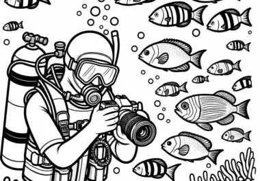 Taucher fotografiert Fische unter Wasser – Ausmalbild einfach gratis