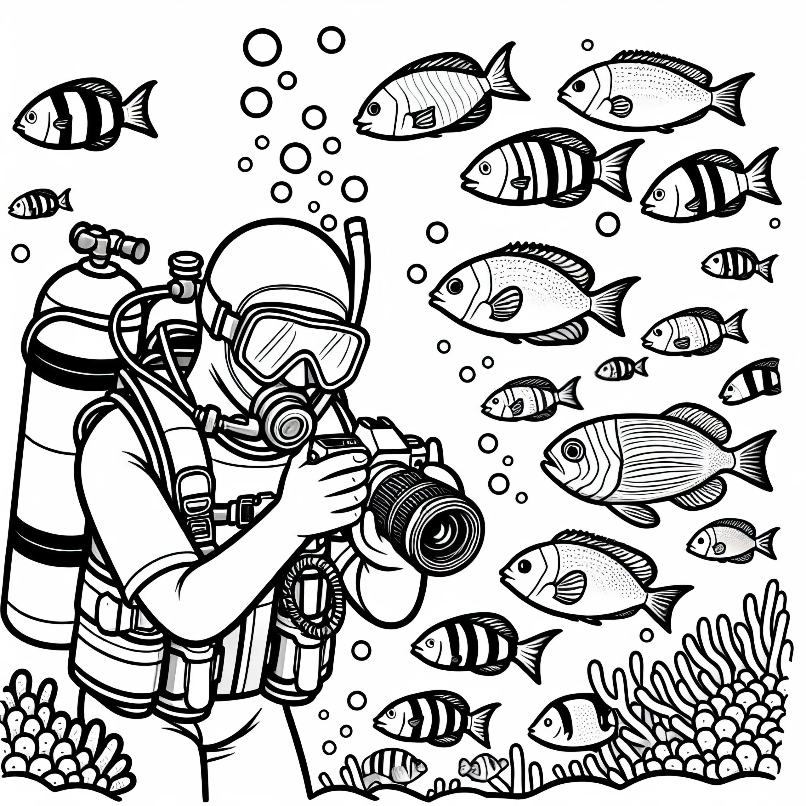 Taucher fotografiert Fische unter Wasser – Ausmalbild einfach gratis