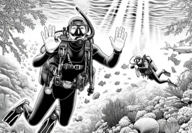 Taucher kommuniziert mit Handzeichen unter Wasser – Malvorlage detailreich gratis