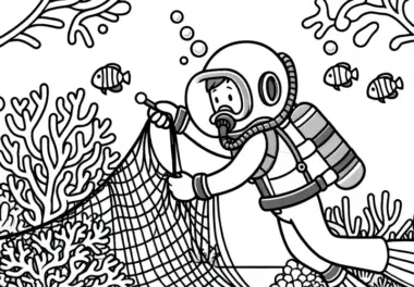 Die Taucherin entwirrt ein Fischernetz aus Korallen – Ausmalbild einfach und gratis
