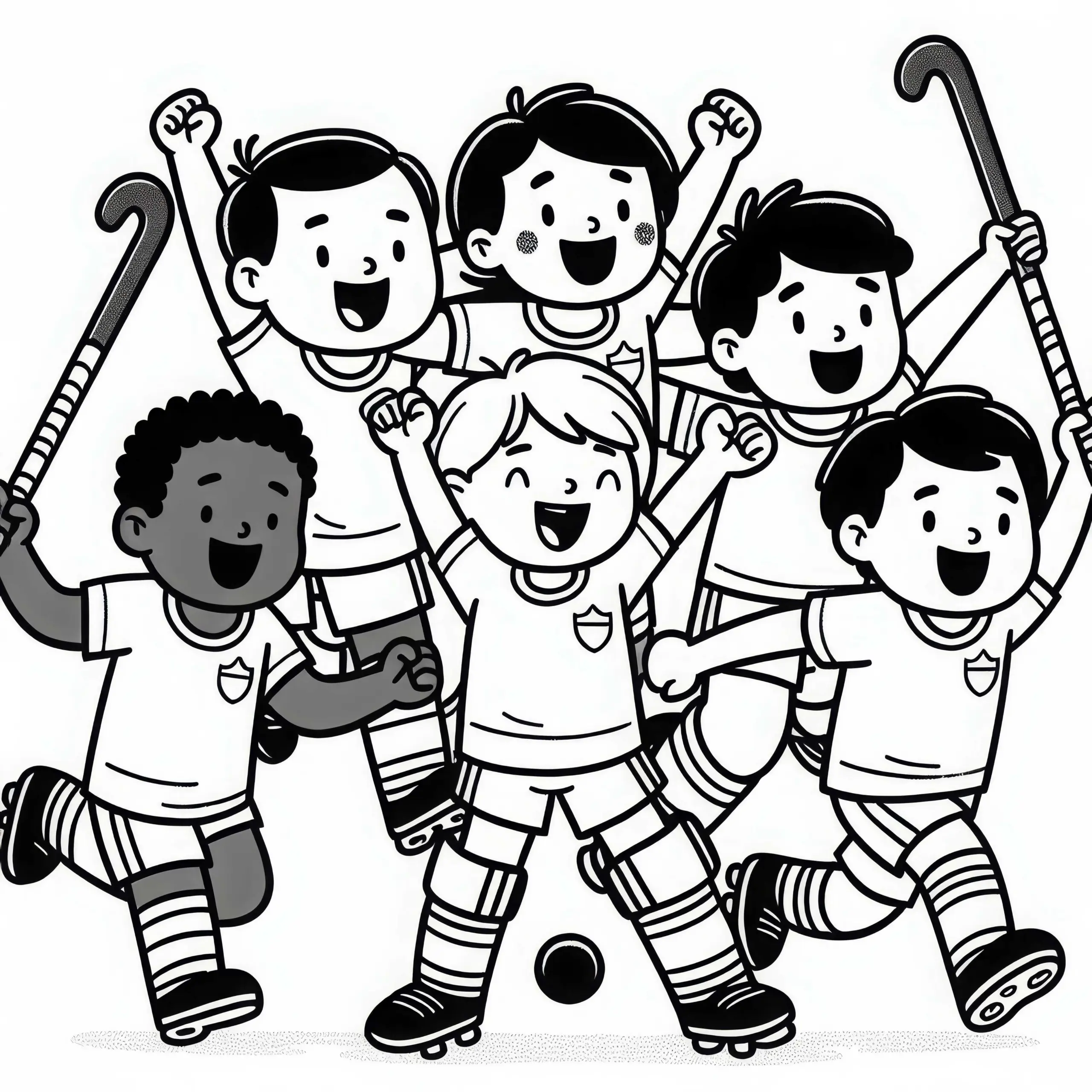 Team feiert nach Tor beim Feldhockey – Malvorlage kostenlos (Ausmalbild)