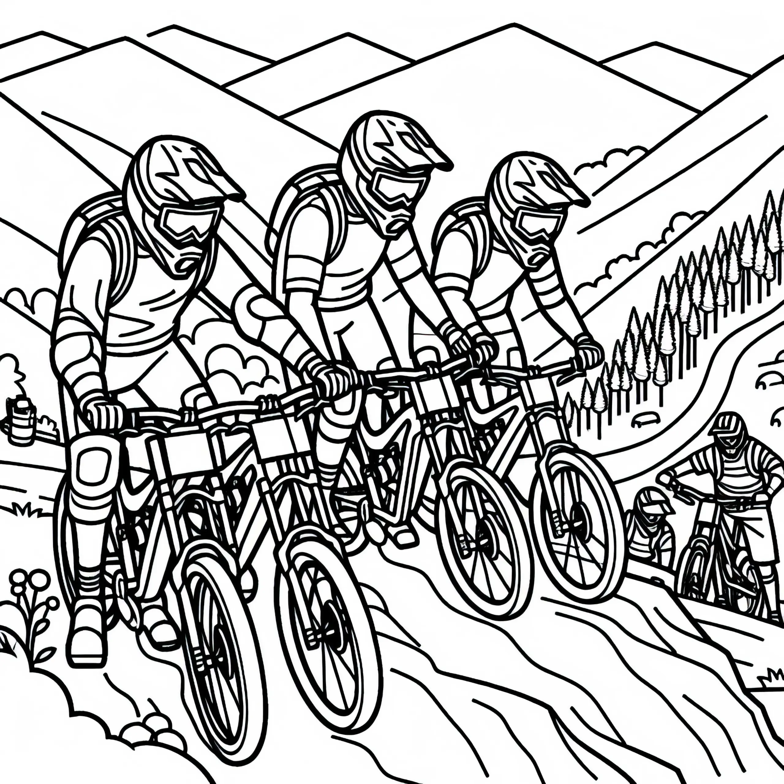 Team von Downhill-Mountainbiking-Fahrern Malvorlage kostenlos (Ausmalbild)