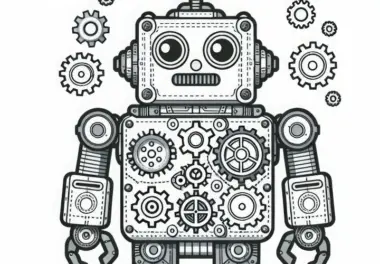Technik Roboter mit Zahnrädern – Ausmalbild für Jungs ab neun kostenlos