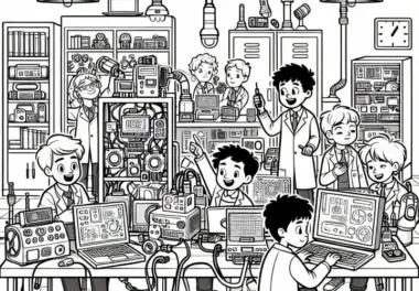 Techniklabor mit Geräten und Kids als Forscher – Malvorlage für Jungs ab neun