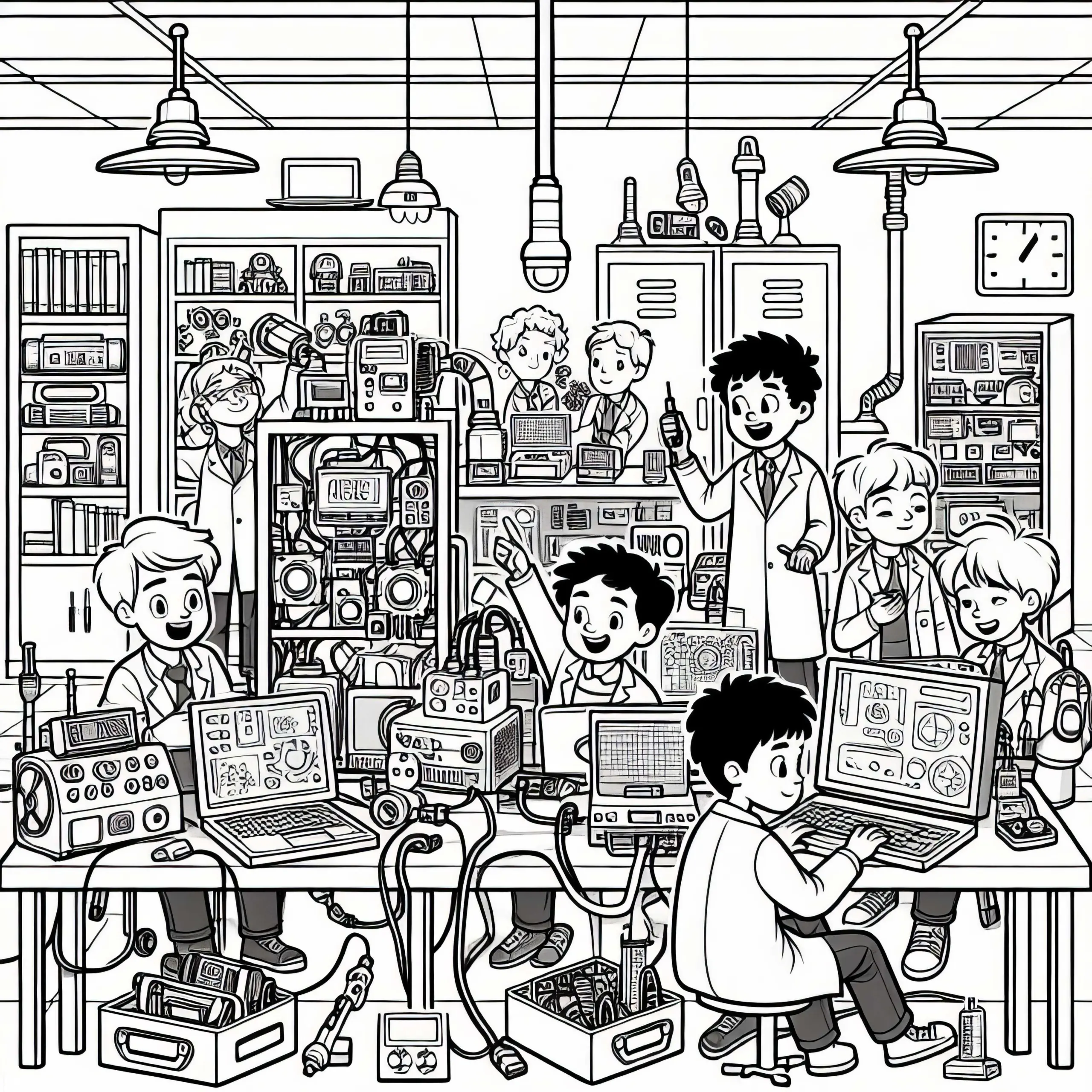 Techniklabor mit Geräten und Kids als Forscher – Malvorlage für Jungs ab neun (Ausmalbild)
