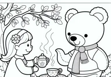 Teddyband mit Teeservice: Ausmalbild für Mädchen ab drei gratis