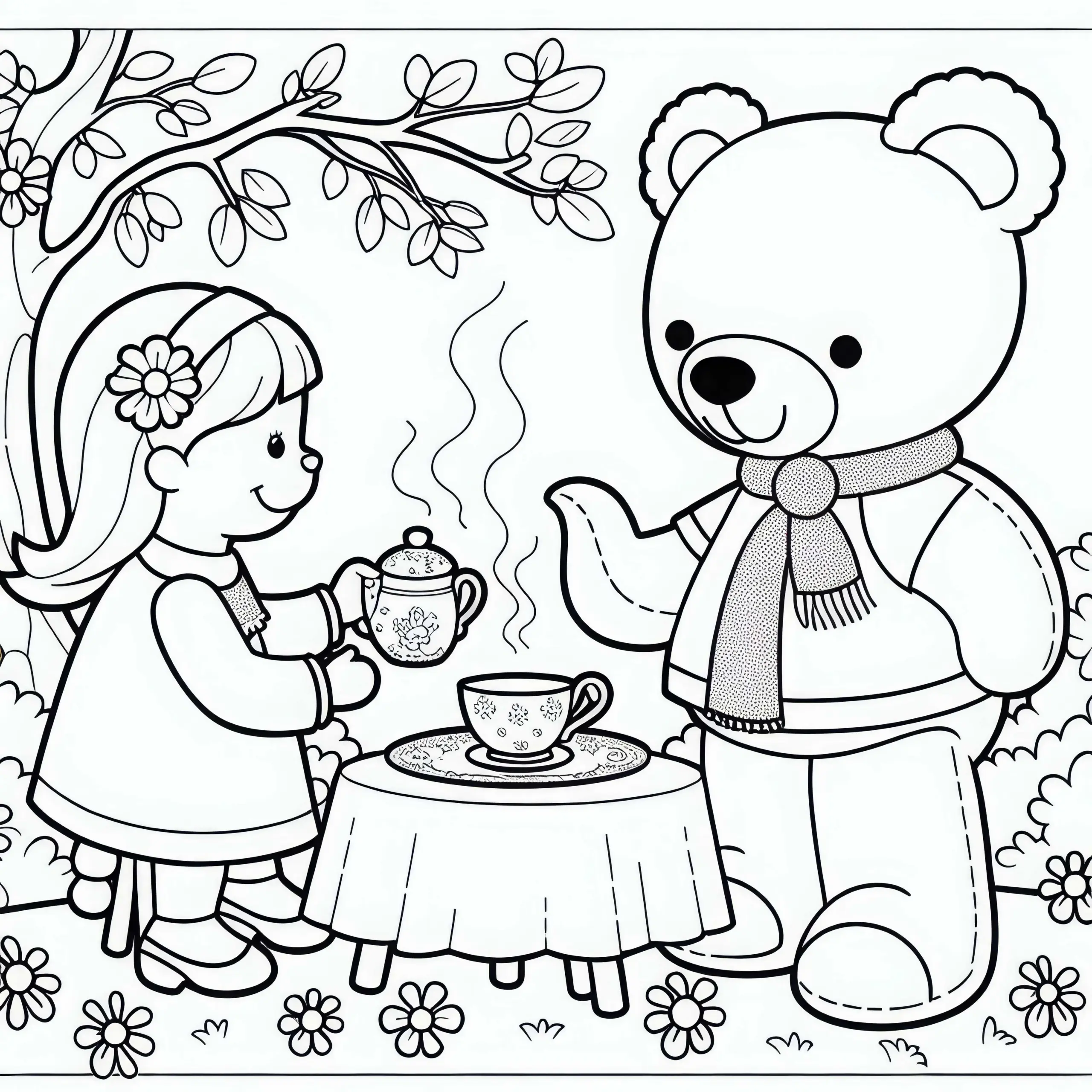 Teddyband mit Teeservice: Ausmalbild für Mädchen ab drei gratis
