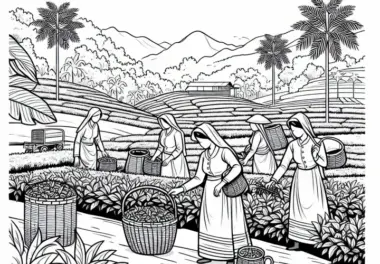 Teeplantage mit Erntehelferinnen und Körben – Malvorlage Asien gratis