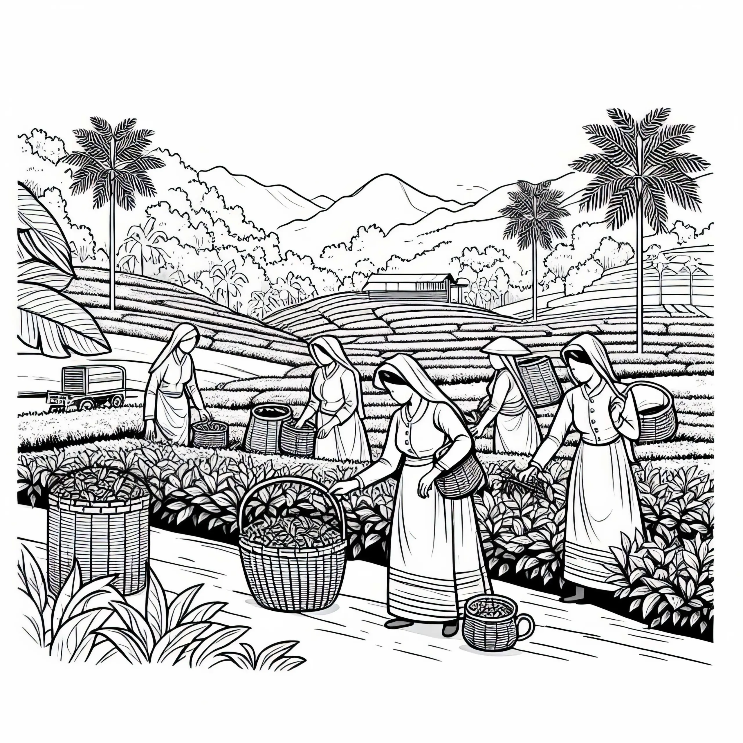 Teeplantage mit Erntehelferinnen und Körben – Malvorlage Asien gratis (Ausmalbild)