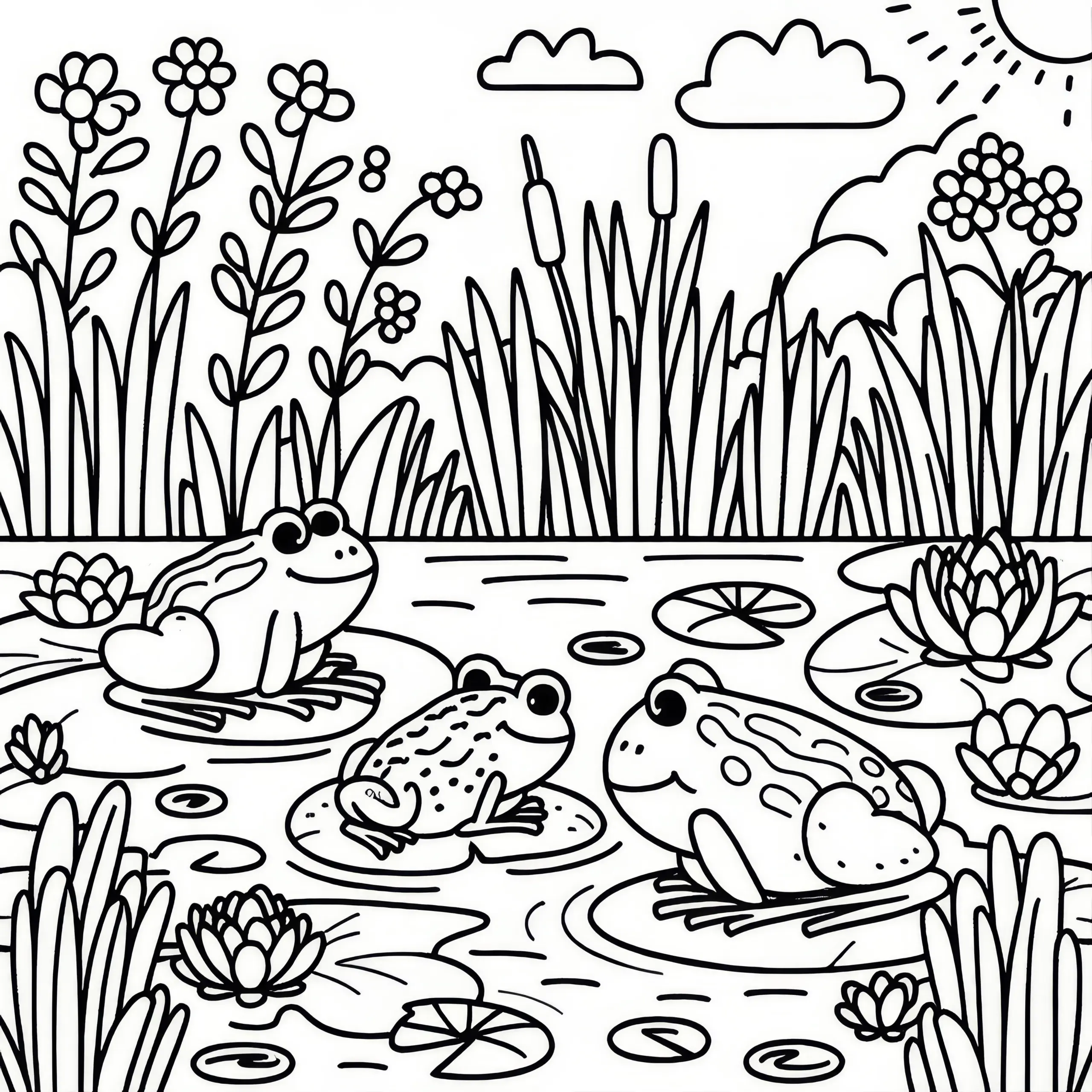 Teich mit Fröschen, Schilf und Seerosen: kostenloses Ausmalbild