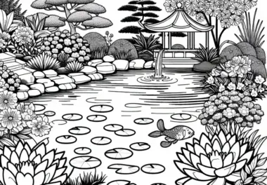 Teich mit Seerosen und Koi-Fisch im Garten – Ausmalbild kostenlos