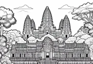 Tempel Angkor Wat in Kambodscha mit Dschungel – Malvorlage Asien gratis