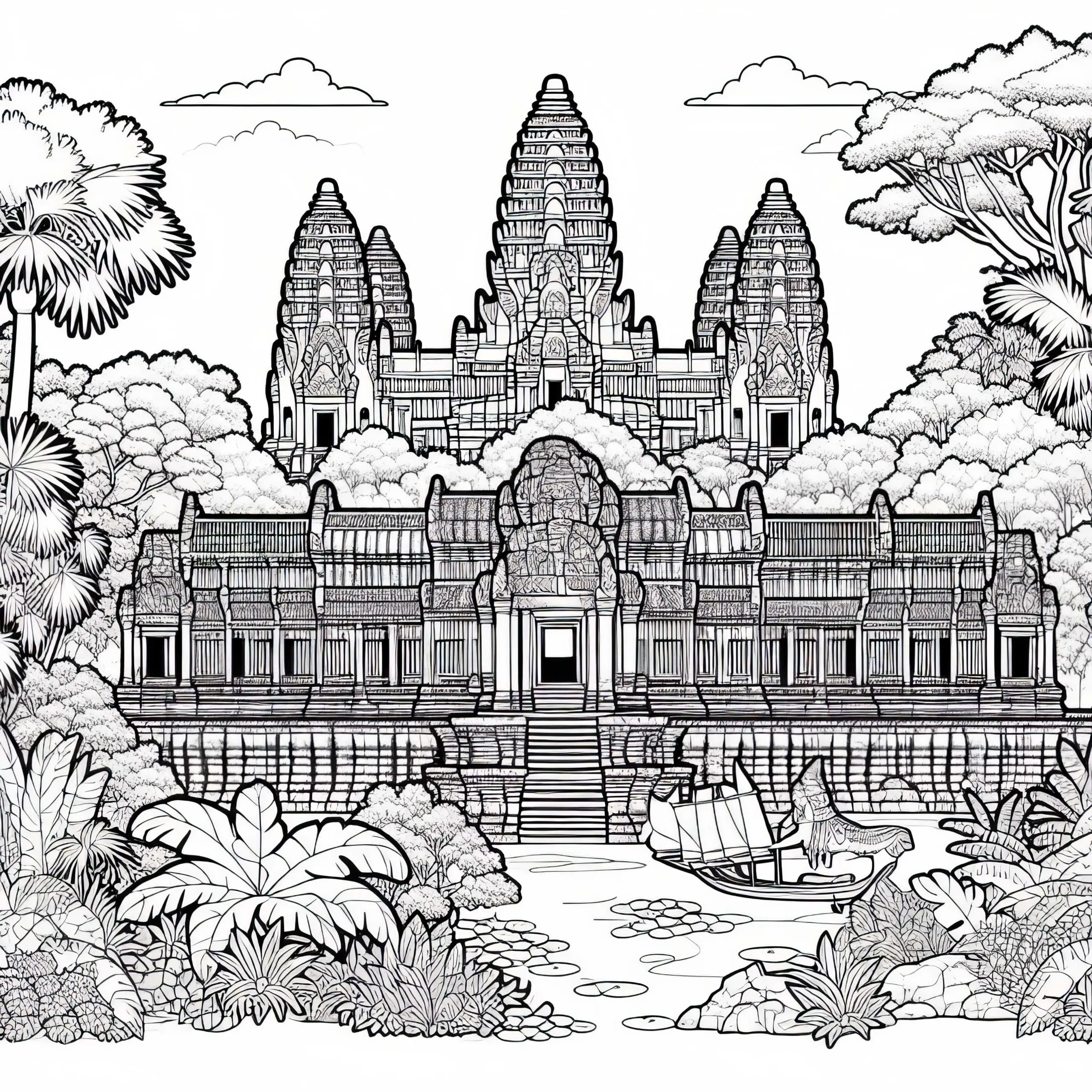 Tempel Angkor Wat in Kambodscha mit Dschungel – Malvorlage Asien gratis (Ausmalbild)