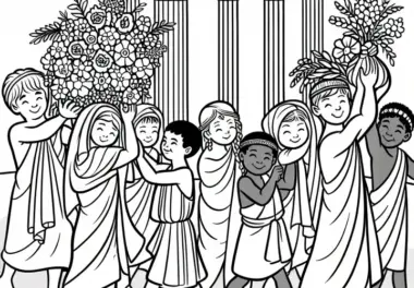 Tempel der Artemis in Ephesos: Kinder tragen Blumen für ein Fest – Malvorlage Weltwunder gratis