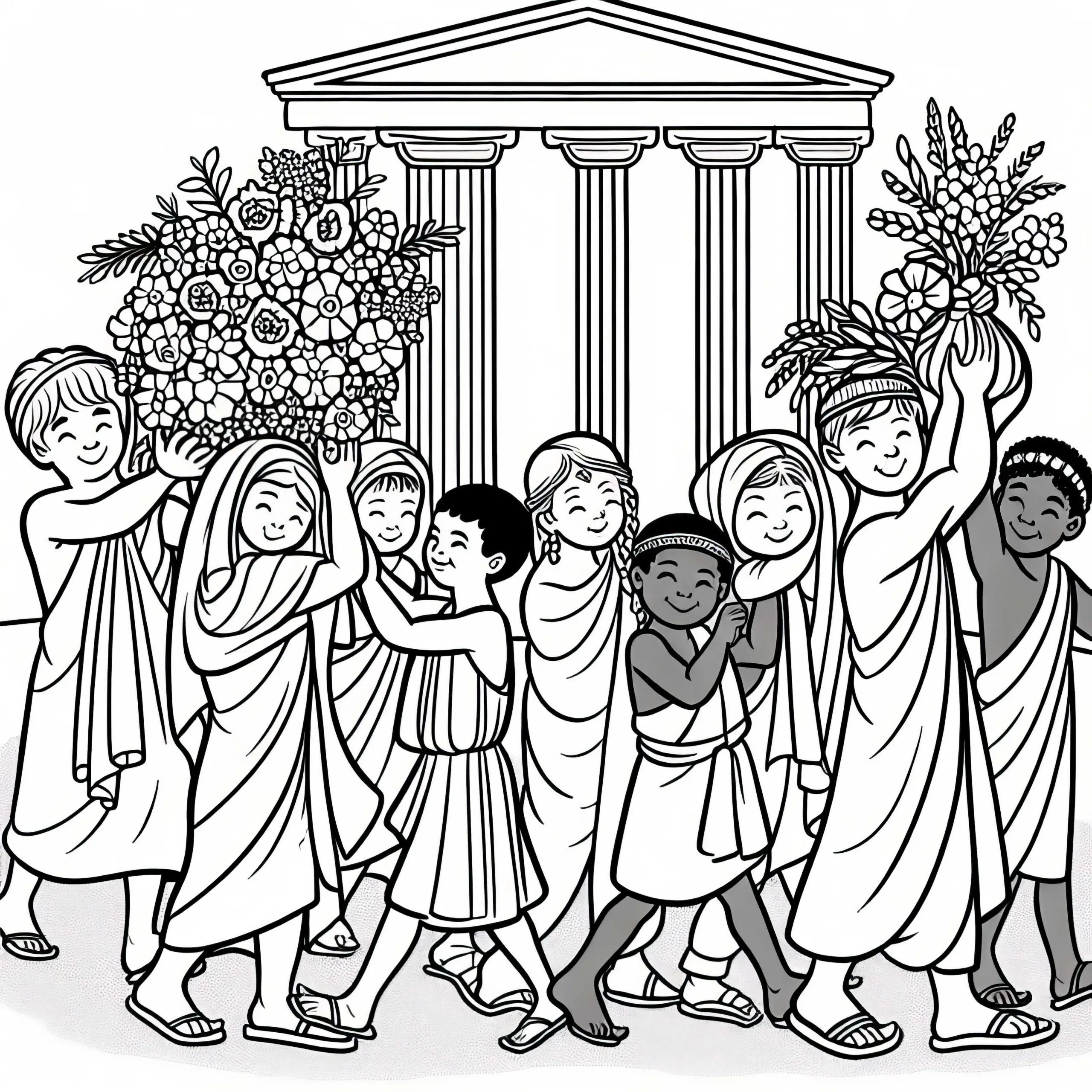 Tempel der Artemis in Ephesos: Kinder tragen Blumen für ein Fest – Malvorlage Weltwunder gratis (Ausmalbild)