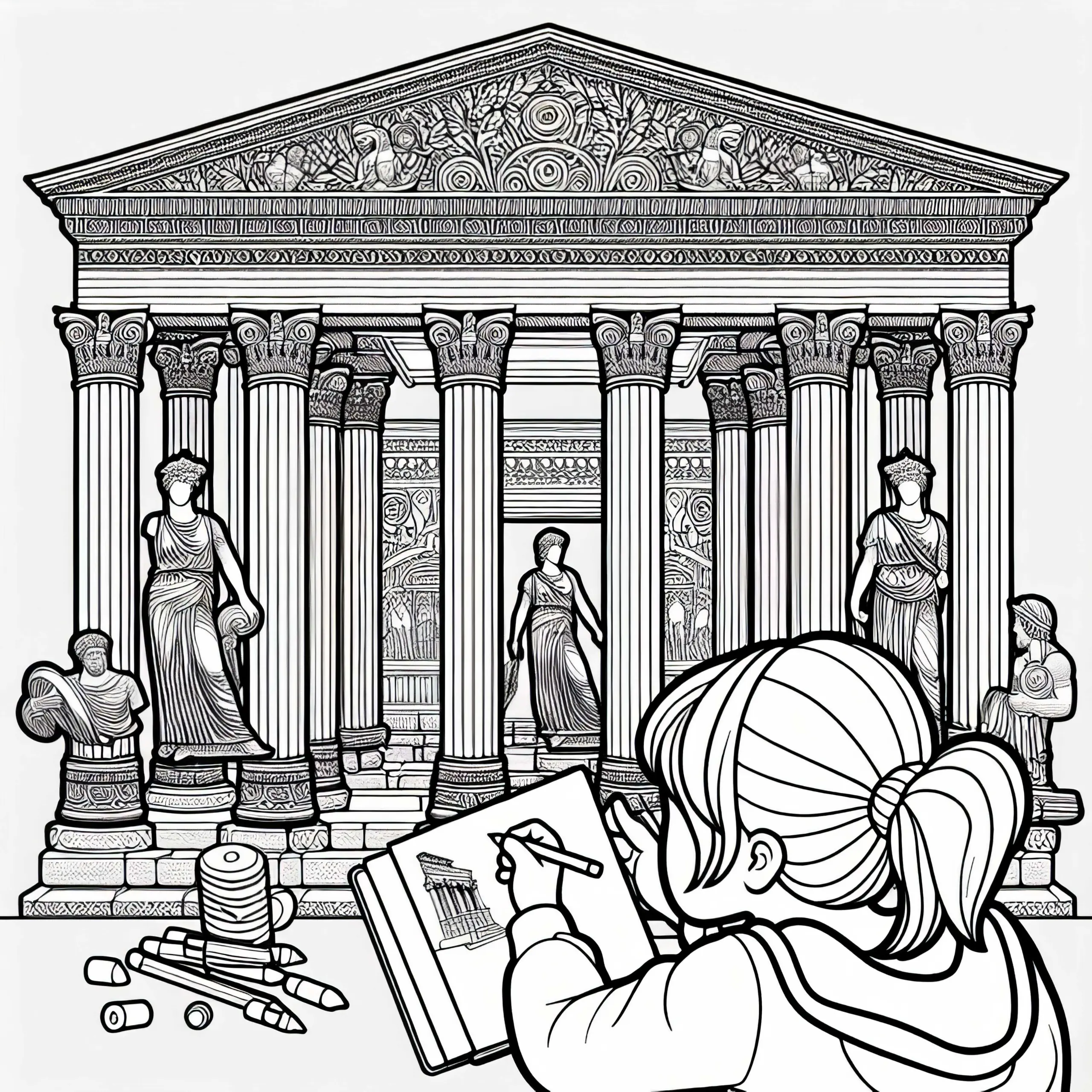 Tempel der Artemis in Ephesos: Mädchen malt ein Bild vom Tempel – Malvorlage Weltwunder kostenlos (Ausmalbild)