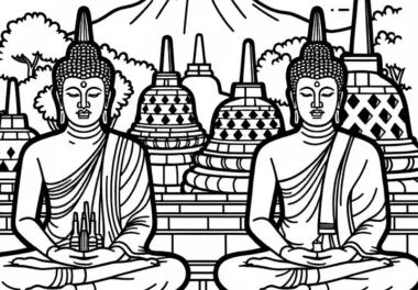 Tempel von Borobudur in Indonesien mit Buddha-Statuen – Ausmalbild