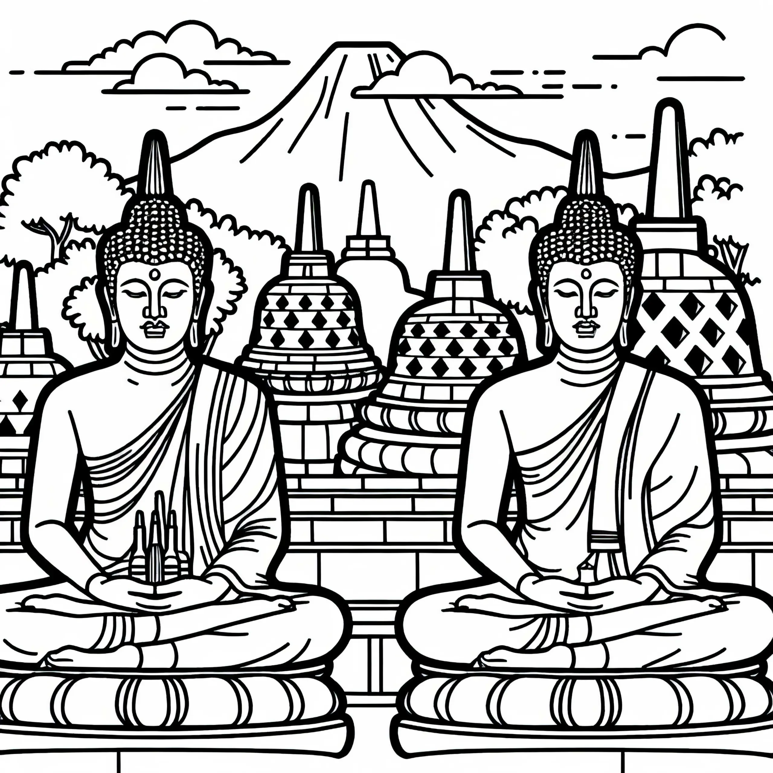 Tempel von Borobudur in Indonesien mit Buddha-Statuen – Ausmalbild