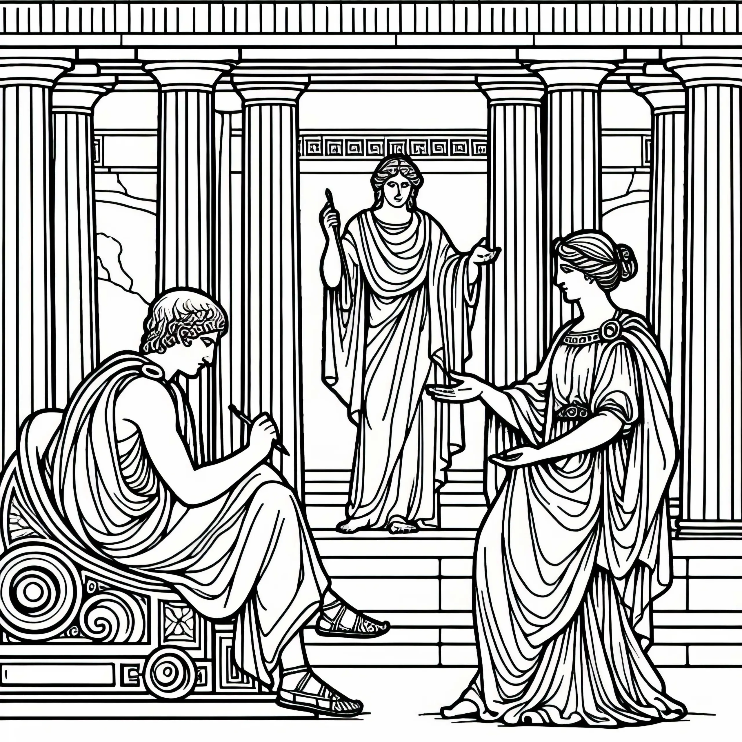 Tempel von Delphi mit Priesterin des Orakels – Ausmalbild zur griechischen Mythologie kostenlos