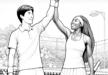 Tennis Doppelteam gibt sich High-Five nach Punkt – Ausmalbild detailreich kostenlos