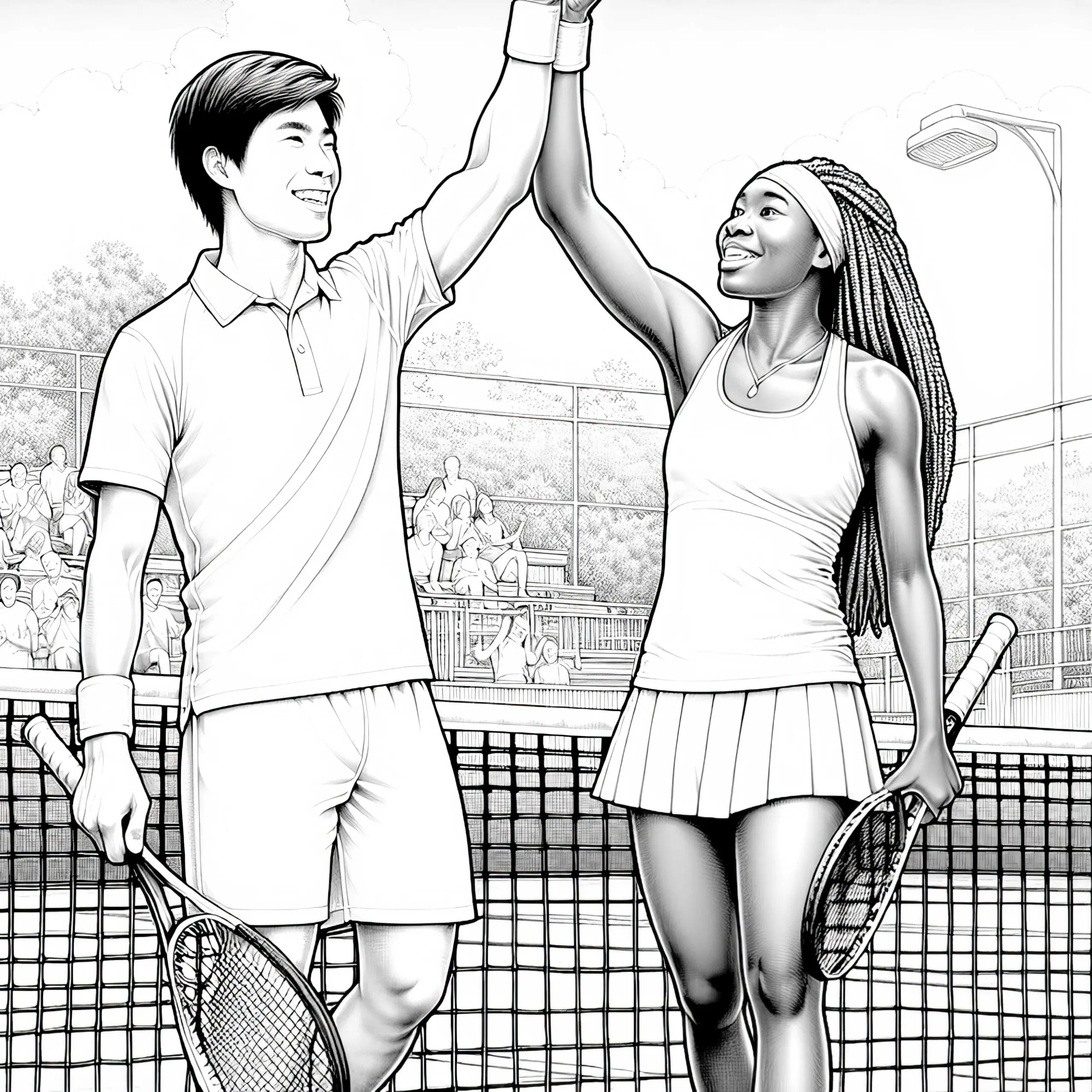 Tennis Doppelteam gibt sich High-Five nach Punkt – Ausmalbild detailreich kostenlos