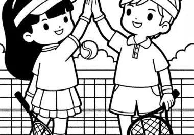 Tennis-Doppelteam gibt sich High-Five nach Punkt – Ausmalbild kostenlos
