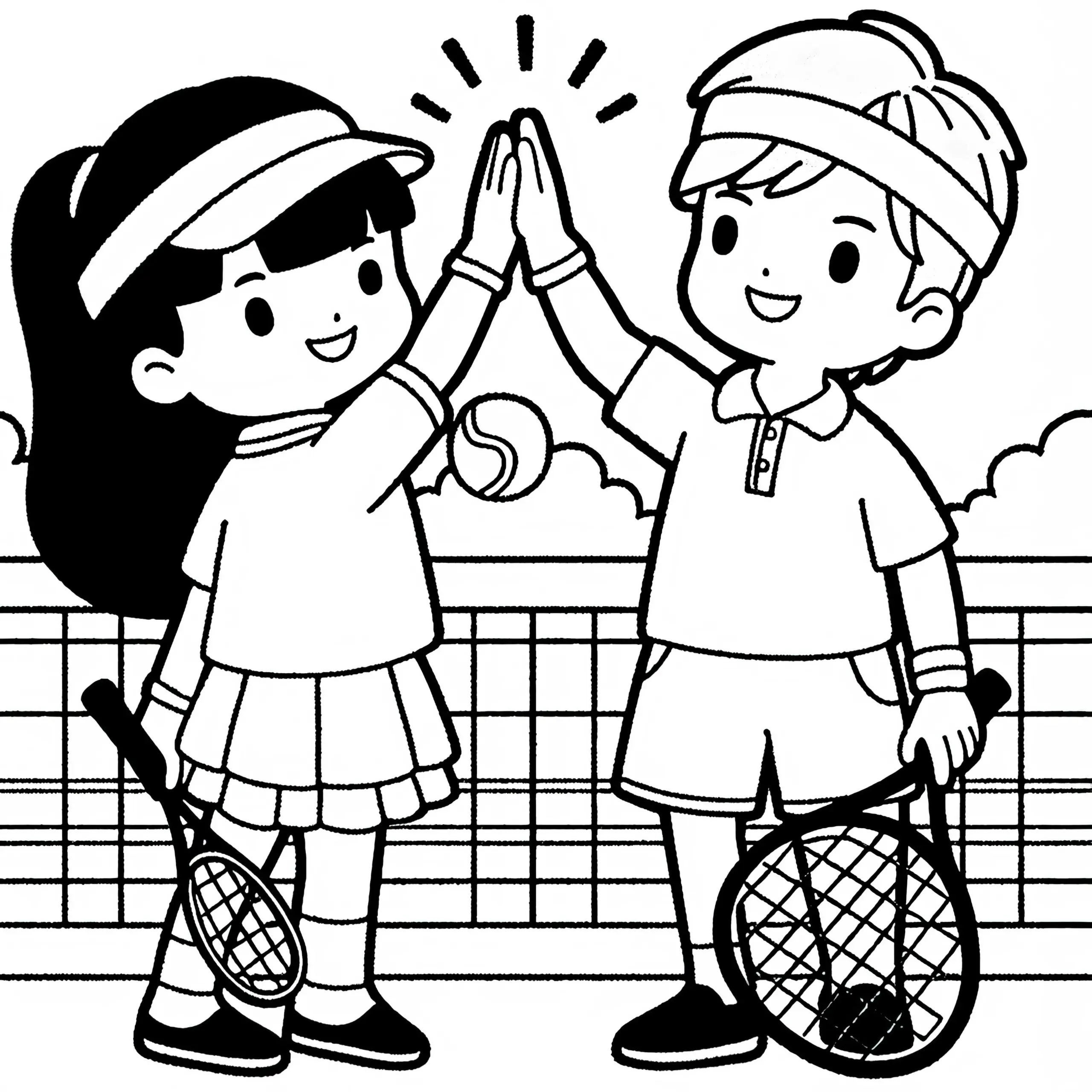 Tennis-Doppelteam gibt sich High-Five nach Punkt – Ausmalbild kostenlos