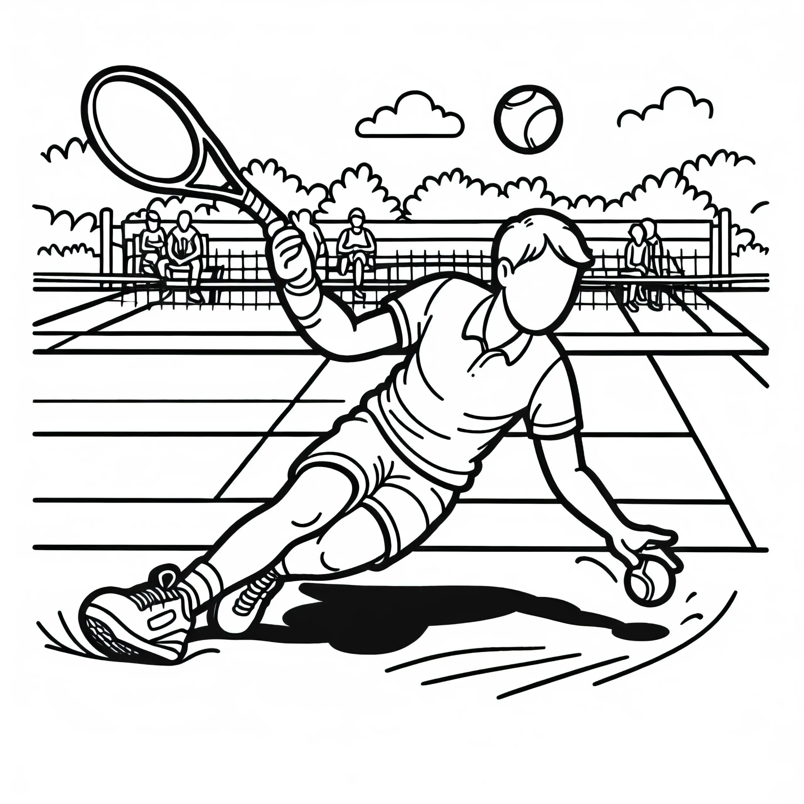 Tennisspieler rutscht auf Sandplatz – Malvorlage kostenlos (Ausmalbild)
